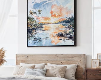 Biscayne National Park Square Canvas Print: Tropical Landscape Wall Art in Watercolor Style