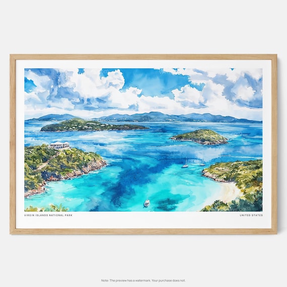 水彩 美しい 絵画 風景 バージン諸島国立公園の水彩画プリント 美しい
