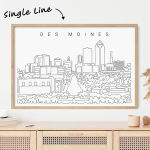 Framed Des Moines Skyline Wall Art - Des Moines Iowa Art Print with Cityscape One Line Drawing - Des Moines Poster - New Home Gift
