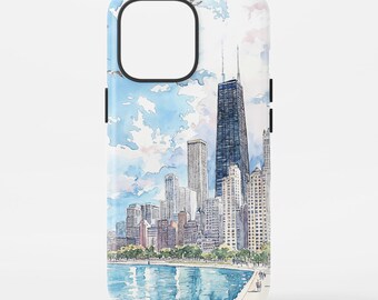 Chicago Phone Case with Skyline Watercolor Art, Chicago Illinois Phone Cover, Gift for City Traveler, Travel Inspired Phone Case