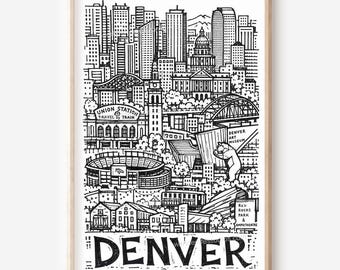 Affiche murale imprimable de Denver : silhouette de la ville style crayon (téléchargement numérique)