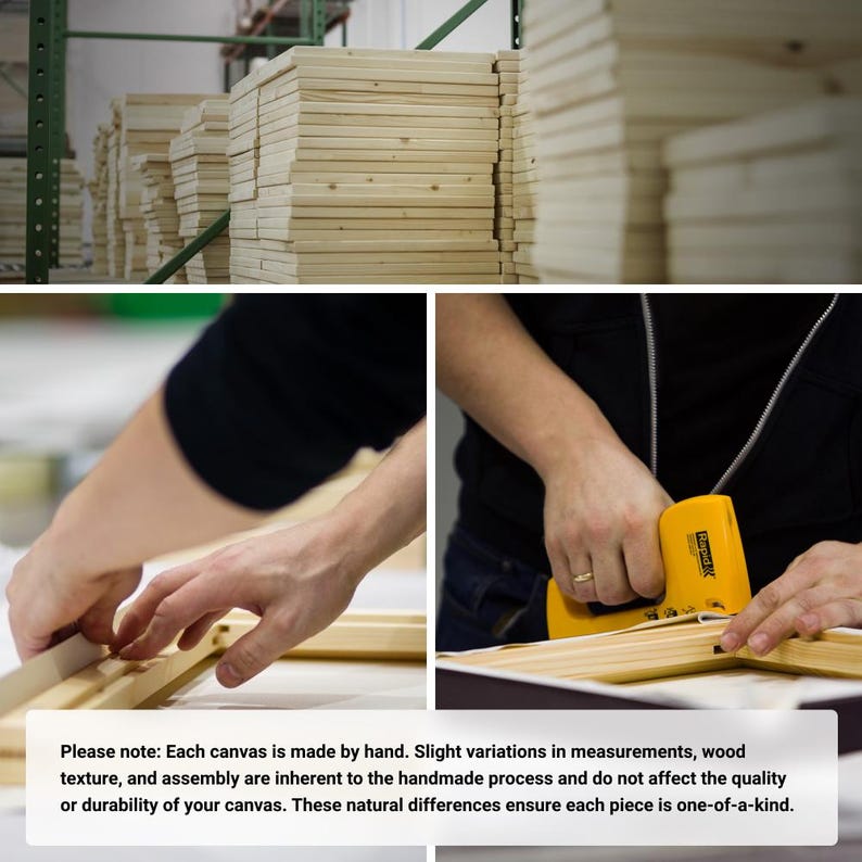 The image is a collage of two photos. In the first photo, a person is assembling a wooden frame, and in the second photo, the person is painting a canvas. The text provides information about the handmade process of creating each canvas, emphasizing that slight variations in measurements, wood texture, and assembly are inherent to the handmade process and not affecting the quality or durability of the canvas.