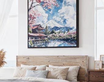 Mount Fuji Canvas Print: Japanese Landscape Square Artwork with Cherry Blossoms in Watercolor Style