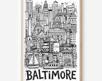 Illustration imprimable de Baltimore au style crayon : panorama de la ville (téléchargement numérique)