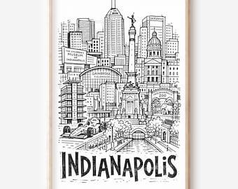 Illustration imprimable style crayon d'Indianapolis : panorama de la ville (téléchargement numérique)