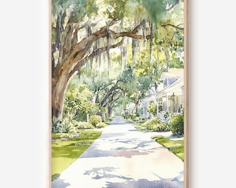 Savannah Watercolor Wall Art: Digital Download of Georgia’s Iconic Street Scene