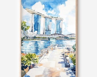 Singapore Skyline Wall Art: Watercolor Digital Download for Home Decor