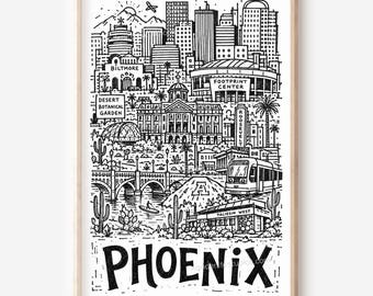 Illustration imprimable de Phoenix City : Skyline style crayon à télécharger