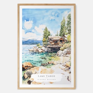 Lake Tahoe Cabin Watercolor Art Print - Sierra Nevada Wall Art - USA Travel Print - Travel Gift - Moving Gift - New Home Gift