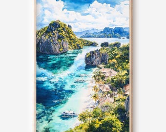 May include: A watercolour painting depicting a tropical island with turquoise waters, white sandy beaches, and vibrant green vegetation. The artwork includes boats, palm trees, and rocky cliffs under a blue sky with clouds. The text "wanderlifestudios.com" is visible.