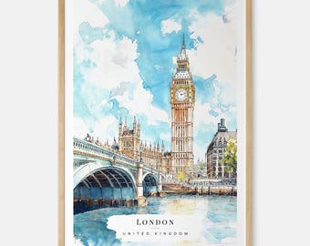 ロンドンアート 水彩画 都市風景画 ビッグベン 時計塔 アート ロンドン