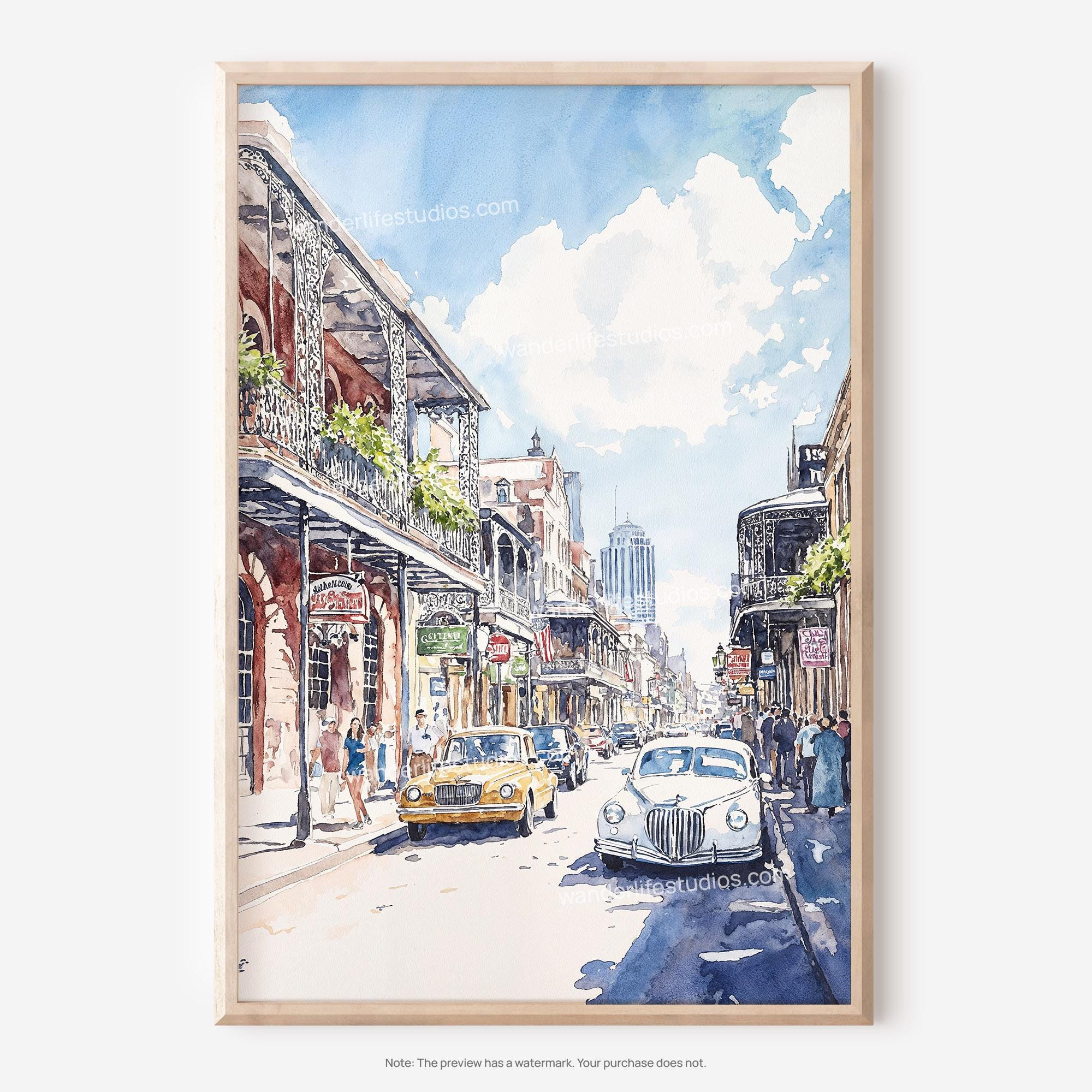 Bourbon Street Wall Art: New Orleans Watercolor Art Digital