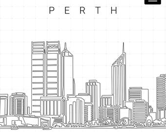 Arte de parede para impressão de Perth Austrália - Horizonte de Perth como arte de linha única - Download digital - 100% desenhado à mão - Download instantâneo