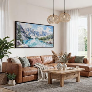 Banff National Park Canvas Print: Alpine Lake Panorama Wall Art in Scenic Watercolor Style zdjęcie 3