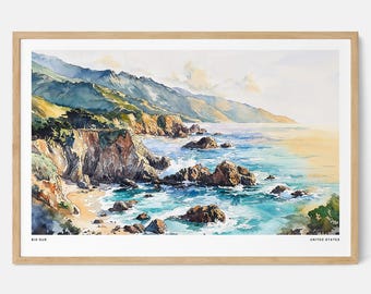 Big Sur Watercolor Art Print: California Coastal Landscape Wall Art