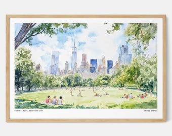 May include: Watercolor print of Central Park in New York City, featuring a green lawn, trees, and the city skyline. The artwork is framed in a light wood frame. The text "CENTRAL PARK, NEW YORK CITY" and "UNITED STATES" are visible.