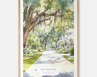 Savannah Georgia Provincetown Watercolor Art - Oak Tree Wall Art - Southern US Travel Print - Travel Gift - Moving Gift - New Home Gift