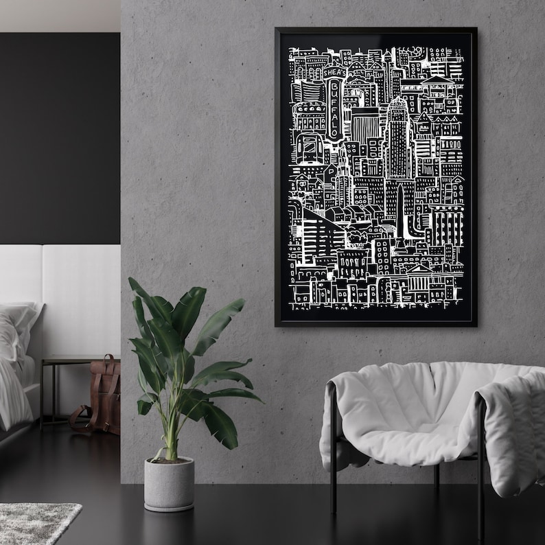 Abstract Buffalo NY Art Print - Hand-drawn Buffalo NY City Drawing in unique Line Art Style - Great Home Decor Gift image 4