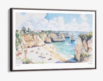 Algarve Coastline Canvas Print: Watercolor Wall Art from Portugal