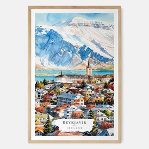 Acquerello di Reykjavik, decorazione da parete islandese, stampa di viaggio nordico, regalo di Reykjavik, stampa da parete di viaggio, stampa artistica di paesaggio islandese