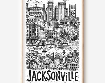 Illustration imprimable de Jacksonville au style crayon : panorama de la ville (téléchargement numérique)
