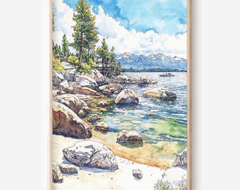 May include: Watercolor painting of a serene lake scene with a sandy shore, large rocks, and evergreen trees. The artwork features a wooden frame, a blue sky with fluffy clouds, and snow-capped mountains in the distance. A boat is visible on the water.