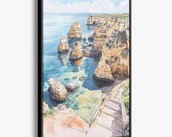 Lagos Portugal Cliffs Canvas Print: Coastal Watercolor Wall Art