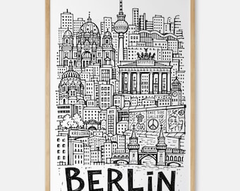 Berlin Pencil-Style Art Print: Brandenburg Gate, TV Tower and East Side Gallery Wall Decor