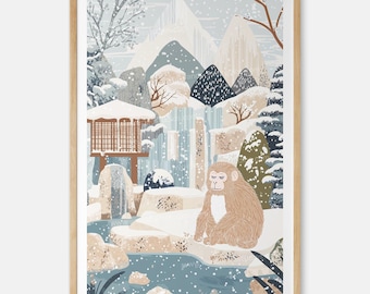 Japanese Macaque Art Print: Winter Onsen Landscape Wall Decor