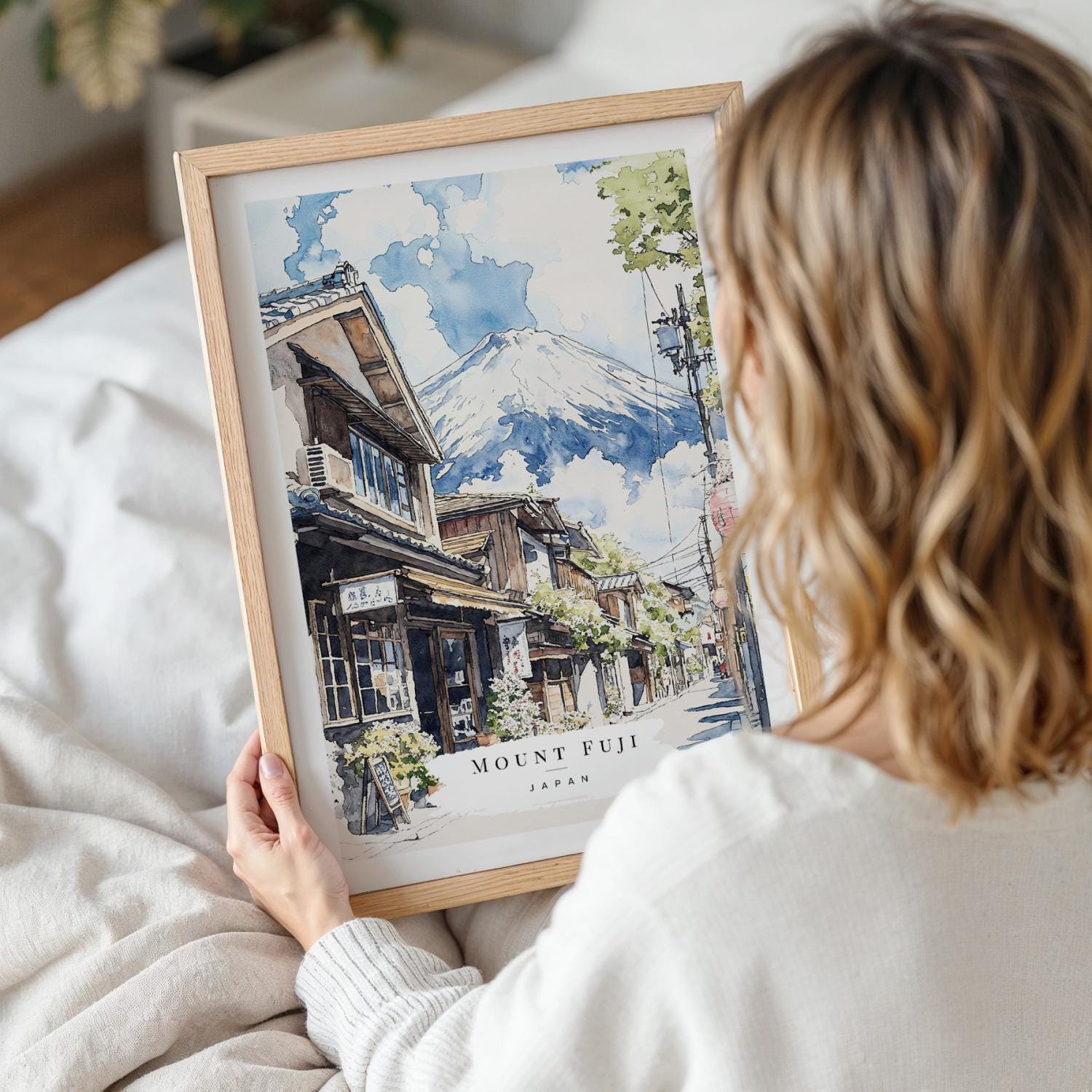 Mount Fuji Watercolor Art Print With Japanese Village - Japan Travel ...
