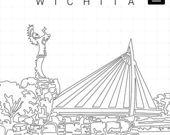 Wichita Druckbare Wandkunst - Wichita Kansas Single Line Art - Digital Download - 100% handgezeichnet - Sofort Download