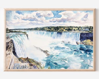 Arte mural de las Cataratas del Niágara: Paisaje en acuarela para descargar digitalmente y decorar al instante.