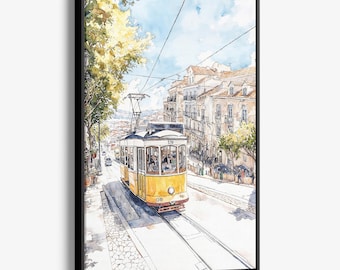 Lisbon Tram Canvas Print: Watercolor Cityscape Wall Art
