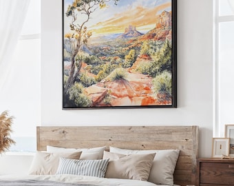 Sedona Arizona Square Canvas Print: Watercolor Landscape Art for Home Decor