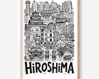 Hiroshima Pencil-Style Printable Wall Art: Peace Memorial Dome, Temple Hall and Riverboat Digital Download
