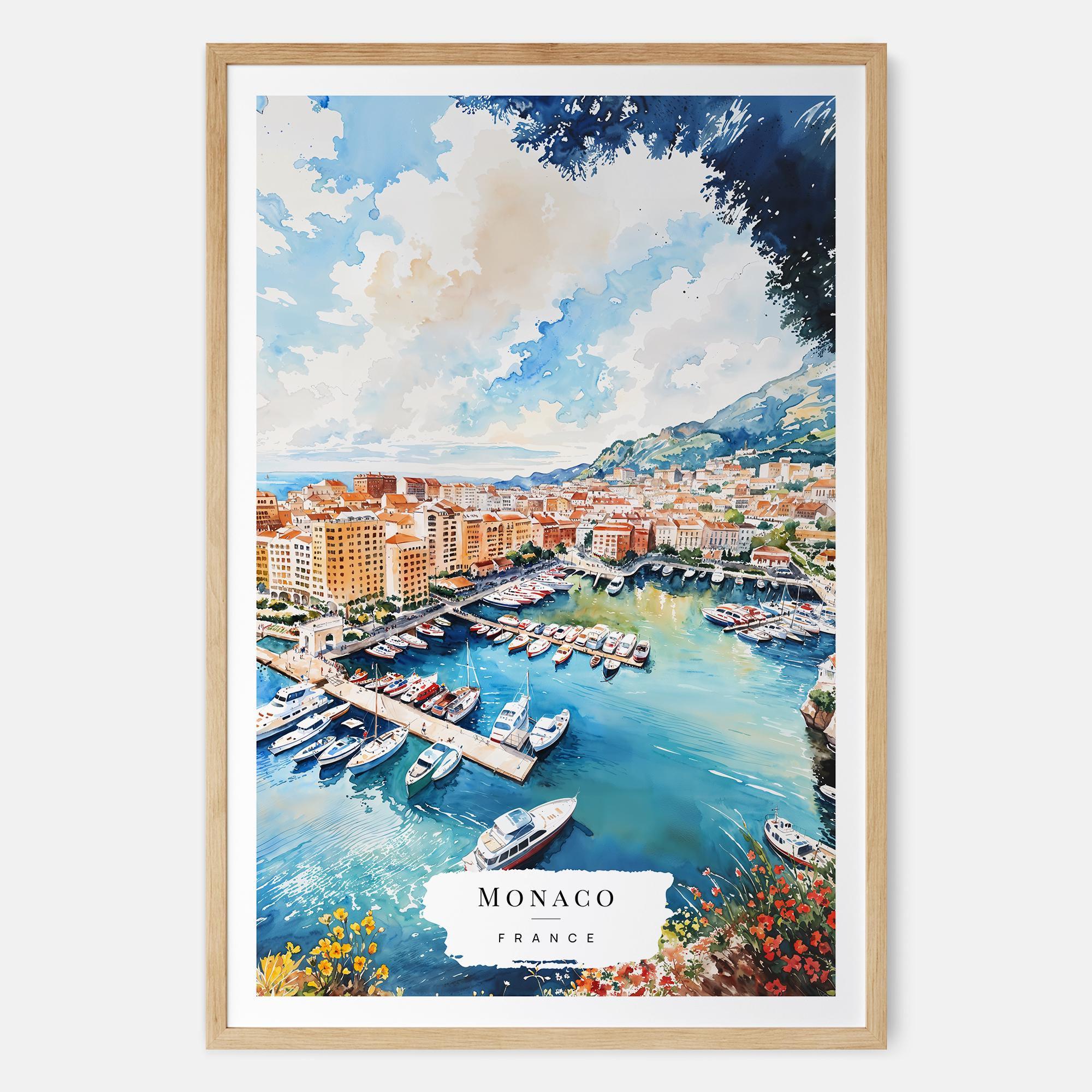 フランスの旅（水彩画） モナコの水彩画、フランスの海岸風景の壁掛けアート、モナコのプリント