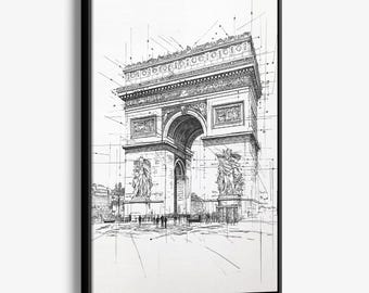 Arc de Triomphe Pencil Drawing Canvas Print: Elegant Paris Landmark Art