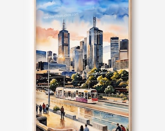 Melbourne Skyline Wall Art: Watercolor Cityscape Digital Download for Instant Print
