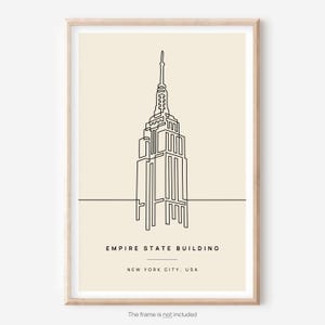 Impresión del Empire State Building - Póster de viaje a la ciudad de Nueva York - Dibujo de una línea - Regalo de arte estético para pared