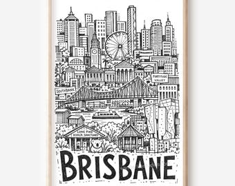 Brisbane Pencil-Style Printable Wall Art: Story Bridge, Big Wheel and Koala Digital Download
