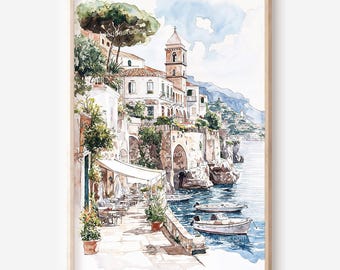 Amalfiküste Wandkunst: Küstendorf Aquarell Digitaler Download