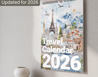 2026 Travel Calendar for Explorers and World Travelers - Bucket List Calendar - Travel Art Gift - Office Calendar - Monthly Calendar Planner