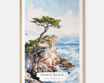 Pebble Beach Watercolor Art Print with the Lone Cypress - California Wall Art - USA Travel Print - Travel Gift - Moving Gift - New Home Gift