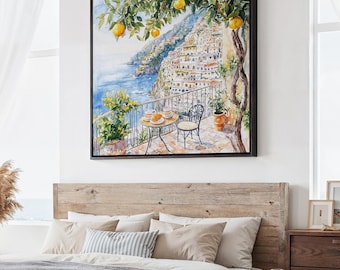 Amalfi Coast Canvas Print: Square Landscape Wall Art in Watercolor Style