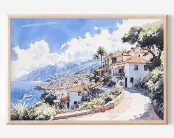 Madeira Portugal Wall Art: Coastal Village Watercolor Art as Digital Download