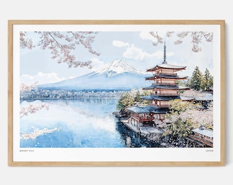 Mount Fuji Watercolor Art Print: Japanese Landscape with Pagoda and Cherry Blossoms