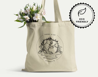 There is No Planet B Tote Bag - Eco Friendly Cotton Tote Bag with Earth Line Art - Reusable Grocery Shopping Bag for Everyday Use