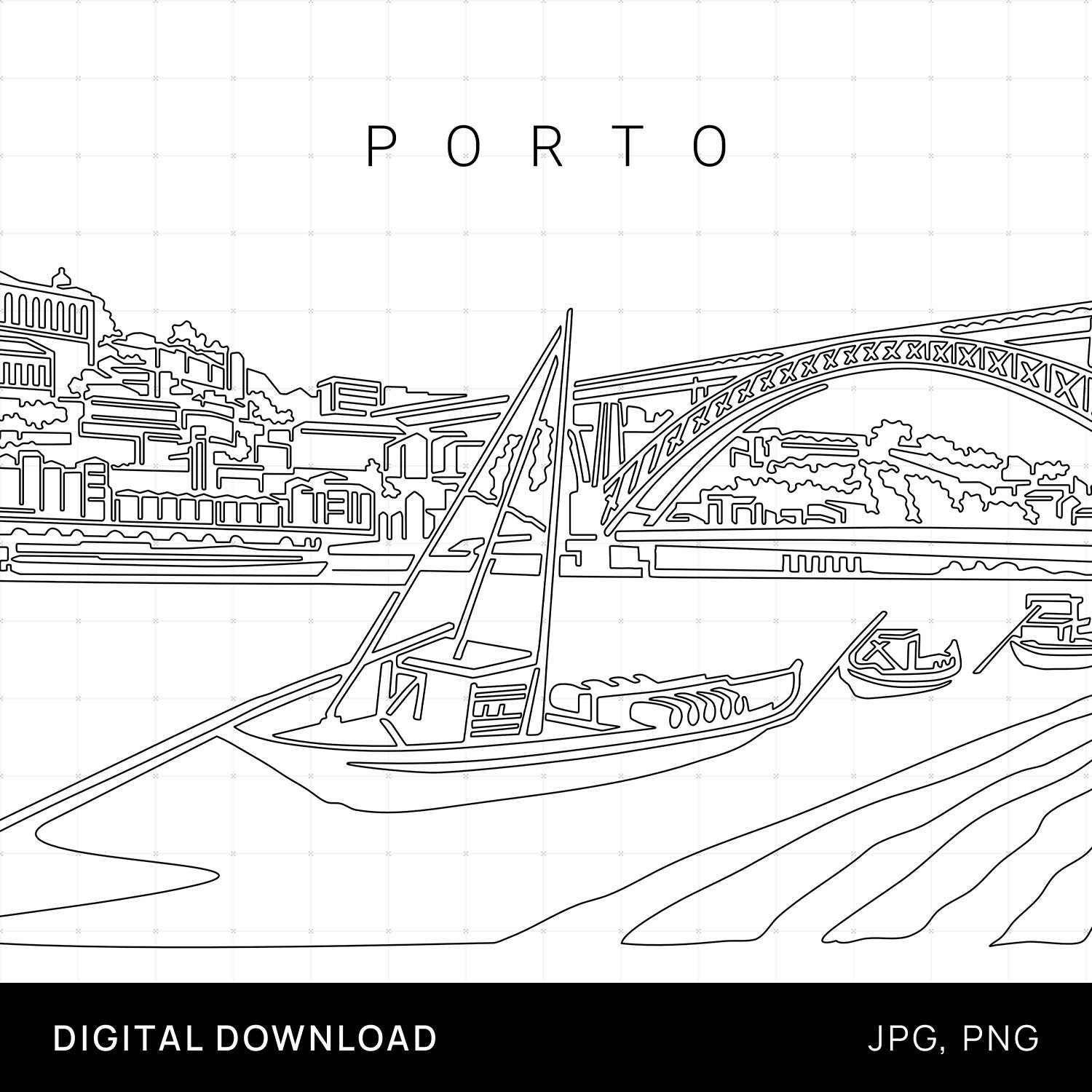 Porto Printable Wall Art Portugal Digital Art Print With Porto Cityscape  and Dom Luís I Bridge One Line Drawing as Instant Download - Etsy | Poster