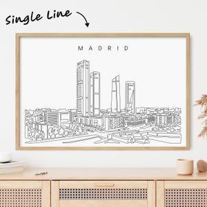 Framed Madrid Skyline Wall Art - Madrid Art Print - Madrid Poster with Cityscape One Line Drawing - Spain Wall Art Gift