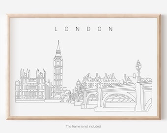 London Art Print with Big Ben Clock Tower As Unique One Line Drawing - London Travel Poster - London Wall Decor Gift